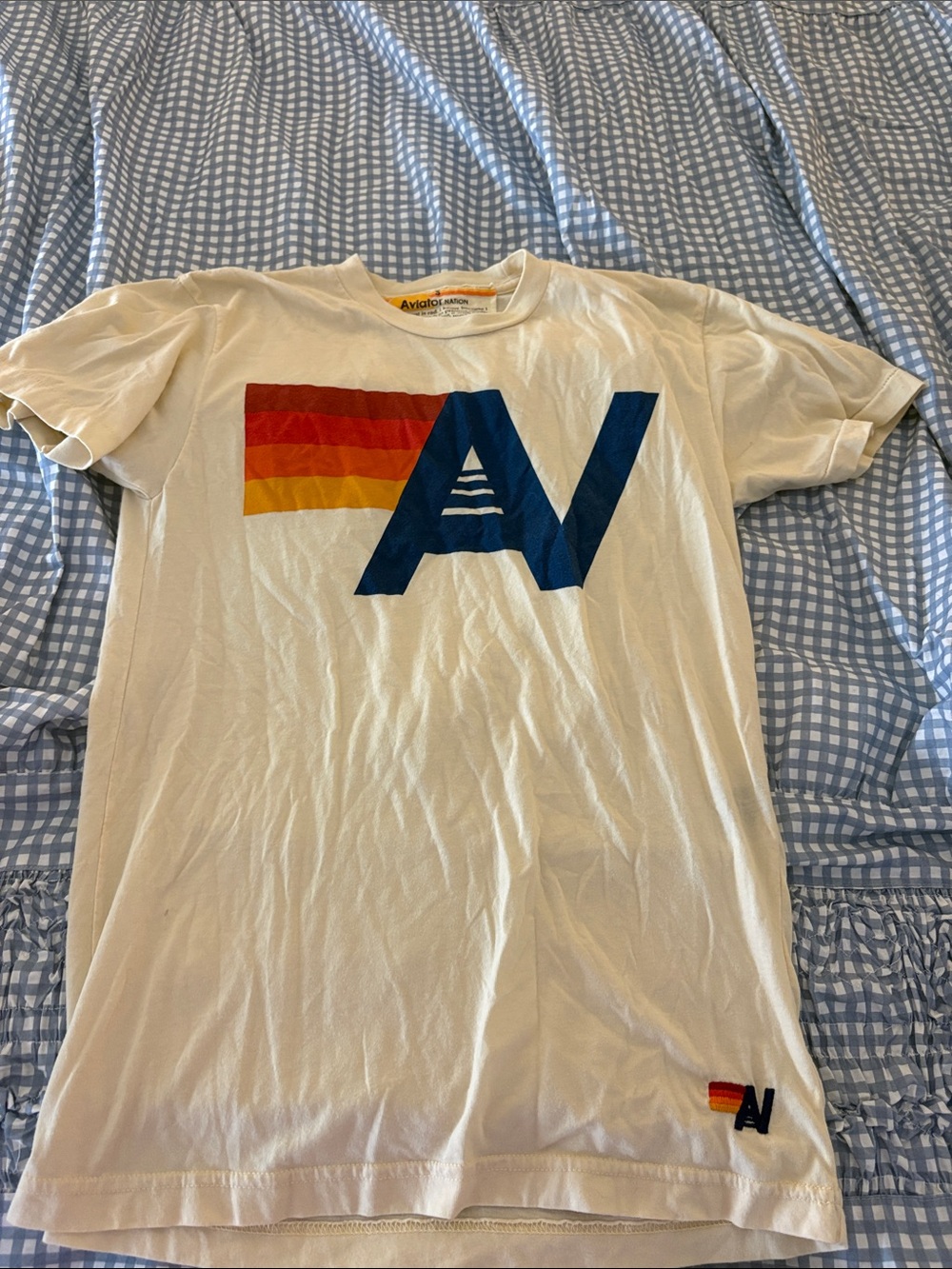 Aviator Nation White Tee with Blue AV Logo and Sunset Stripes